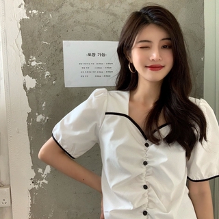 Áo sơ mi trắng cổ trụ tay phồng thời trang hè cho nữ
