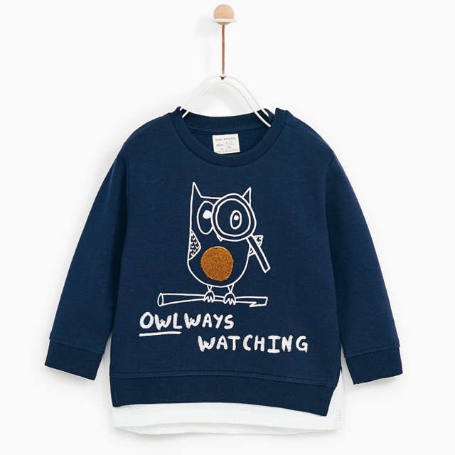 [ZARA XUẤT XỊN] Áo nỉ da cá vạt trắng Zara hình cú
