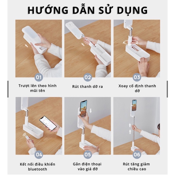 Đèn Livestream Thông Minh Nhỏ Gọn, Xoay 360 độ, Có Điều Khiển, Có Đèn LED 2 Mặt Sandbox V6 tích hợp gậy tự sướng