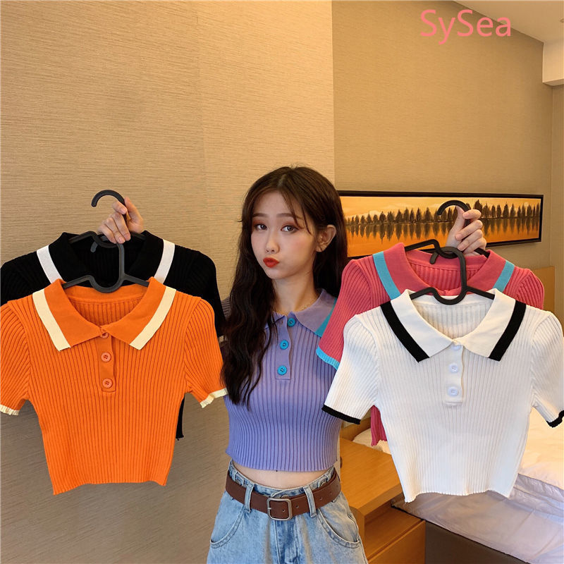 Áo croptop dệt kim ngắn tay có cổ thời trang mùa hè cho nữ