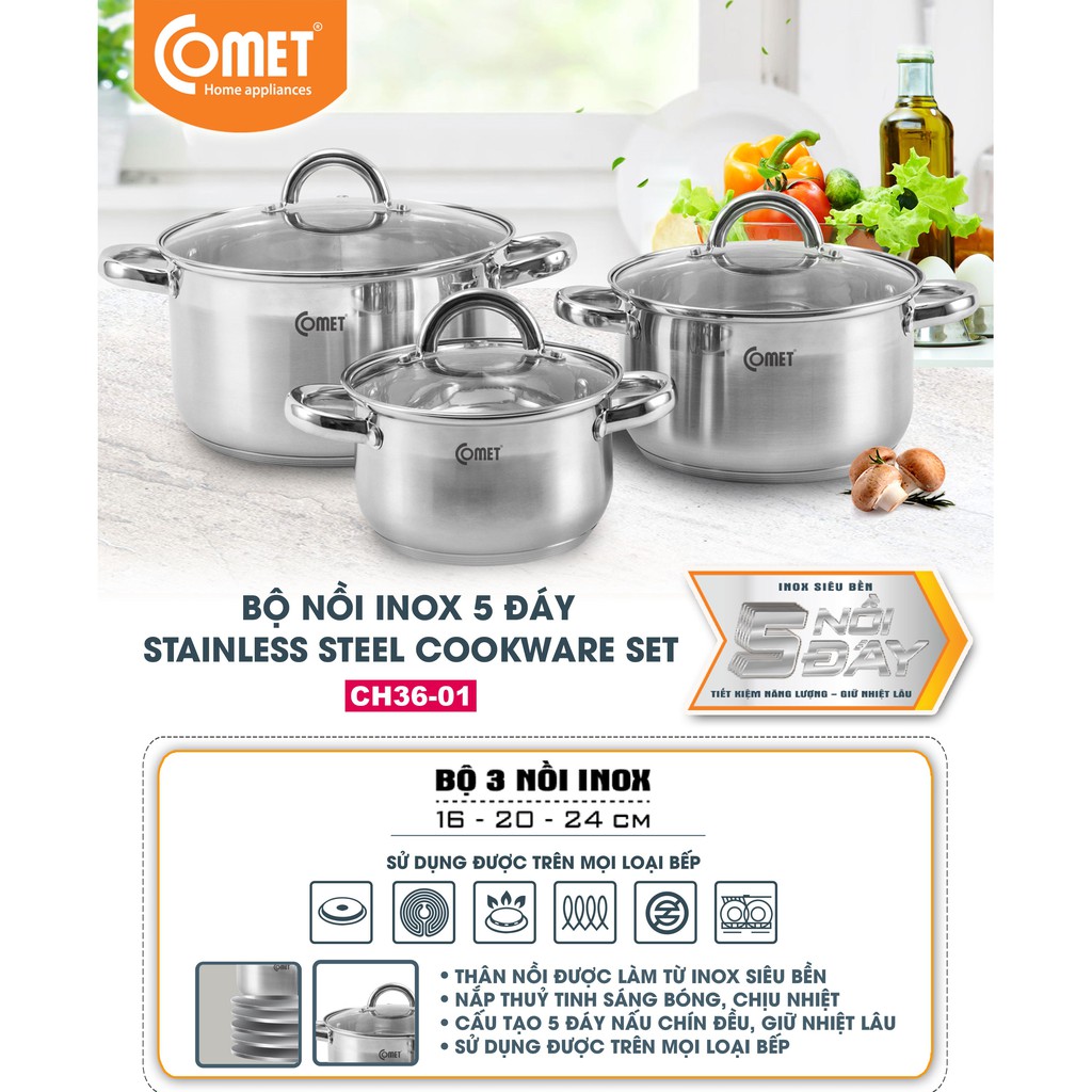 Bộ 03 nồi inox 5 đáy COMET - CH36-01