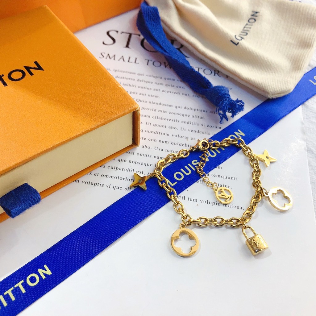 Vòng tay chuỗi xích mặt hình ổ khóa/cỏ 4 lá/logo LV thời trang cho nữ