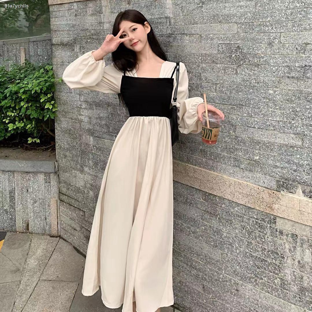 Trong kho2021 Mùa thu Net Màu đỏ Siêu cổ tích Ngọt ngào Nhật Bản Giả hai chiếc váy dài quá đầu gối Cổ áo vuông Đèn lồng