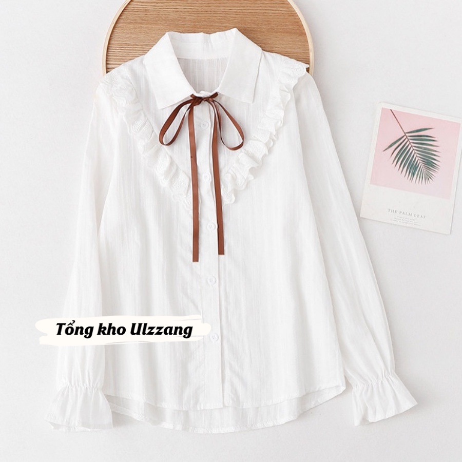 Áo sơ mi tiểu thư phối ren thắt nơ xinh