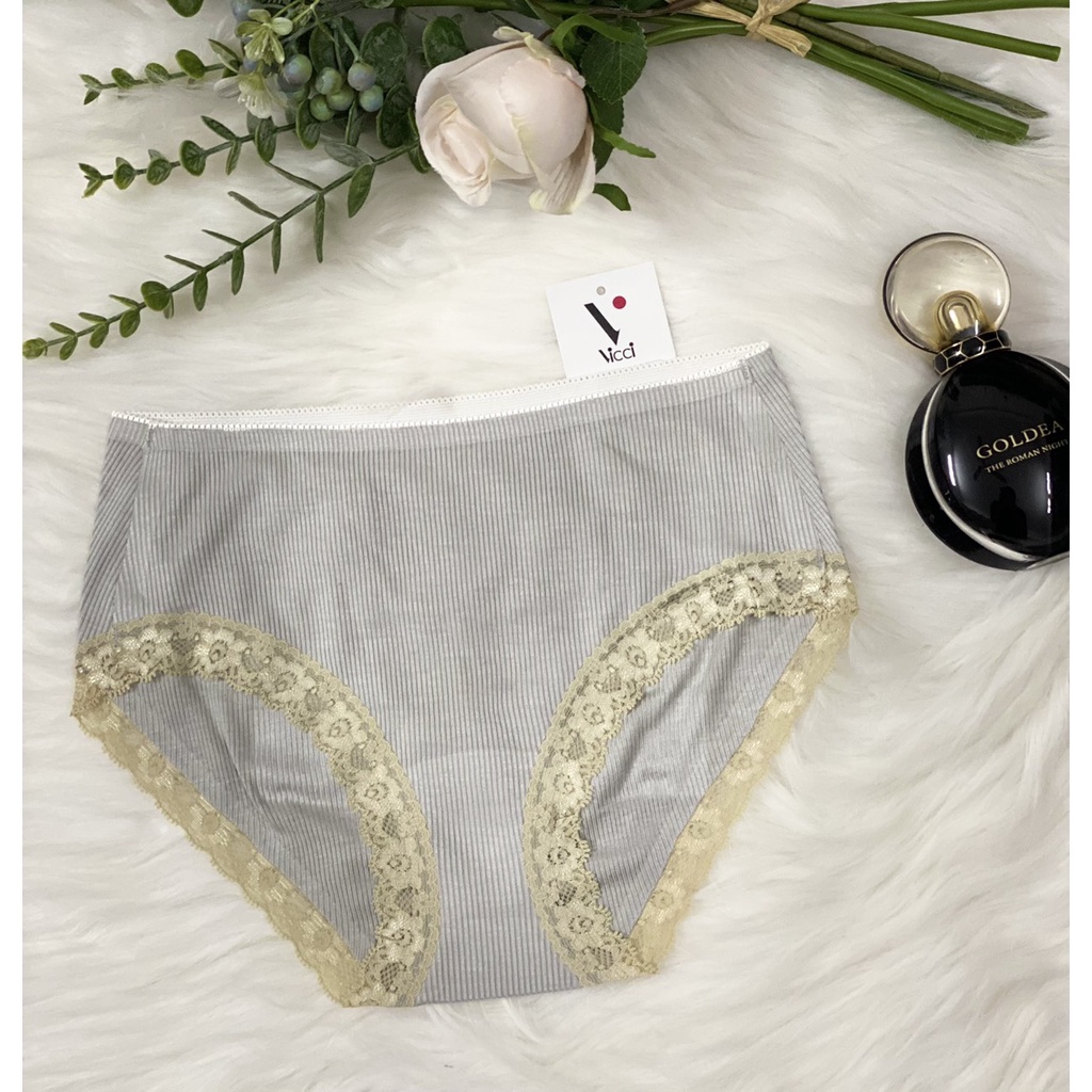 Quần lót nữ thun tăm cotton viền ren, không đường may Vicci 014 siêu kháng khuẩn, khử mùi màu Ghi