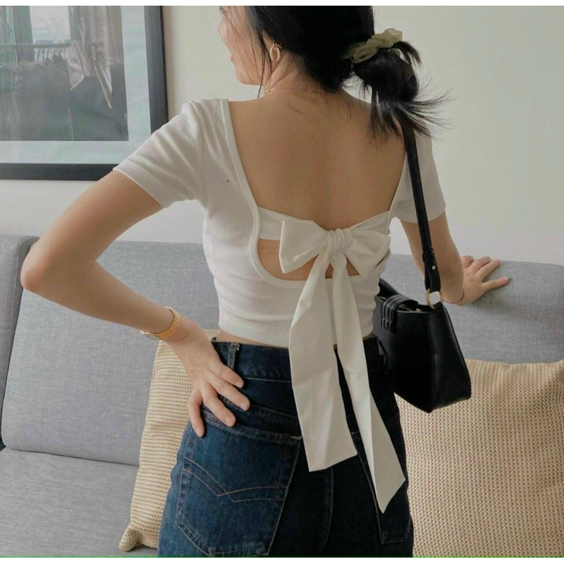 Áo croptop nữ tay ngắn phối nơ, Áo croptop ôm co dãn hở lưng SUNA FASHION