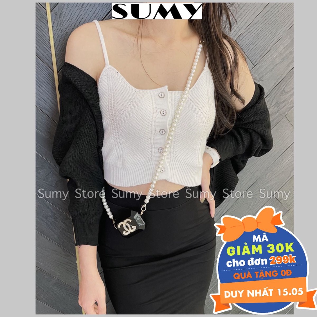 Áo hai dây khuy hoa màu trăng chất len mỏng nhẹ mặc bốn mùa thiết kế sang chảnh quyến rũ thời trang nữ SumyStore