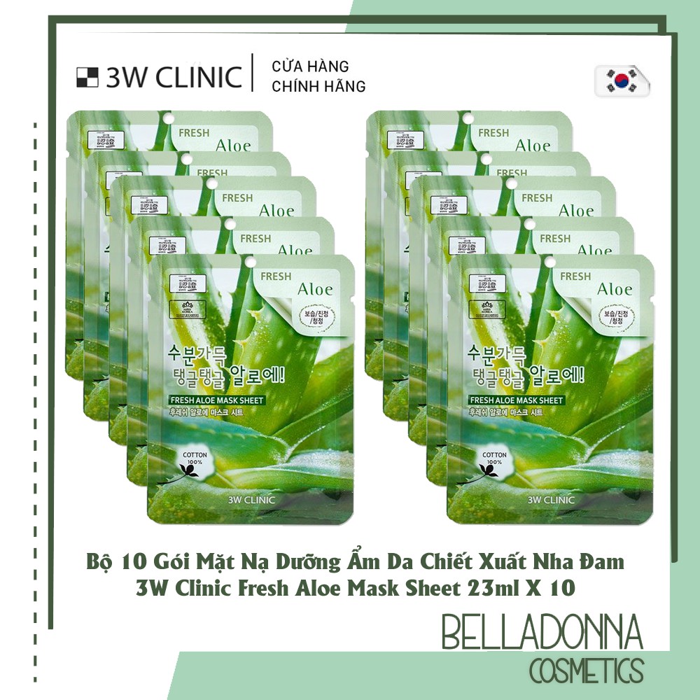 [Chính hãng] Bộ 10 Gói Mặt Nạ Dưỡng Ẩm Da Nha Đam 3W Clinic Fresh Aloe Mask Sheet 23ml x 10