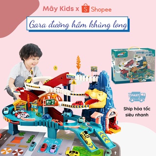 Đồ chơi mô hình đường hầm khủng long, gara khủng long tự động đường đua cao cấp - Mây Kids