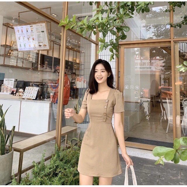 Đầm nữ cổ vuông ♥️ Đầm nữ dáng ôm công sở ♥️ Váy nữ cổ vuông phối nút - NhimShop ĐN01