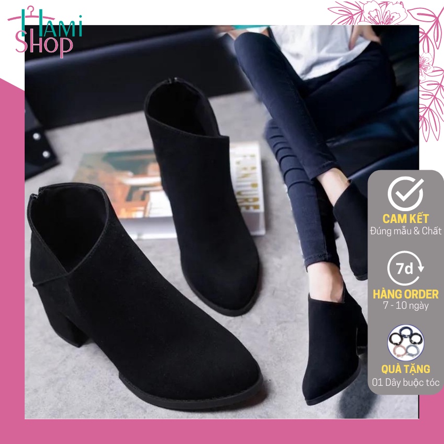 Boots cao cổ nữ giày bốt nữ chất da lộn khóa gót cao 6cm cân đối