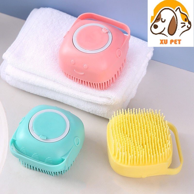 Bông Tắm Silicon Tạo Bọt, Chải Lông Matxa Cho Chó Mèo Khi Tắm Có Chỗ Đựng Sữa Tắm Và Dây Treo