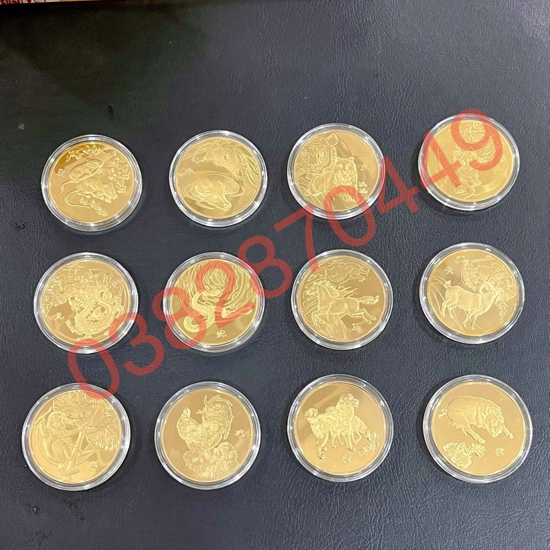 Bộ Quà Tặng Hộp Đồng Xu 12 Con Giáp Phong Thuỷ May Mắn, Lắp Móc Khóa Treo Xe Máy, Oto