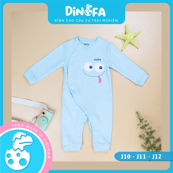 Jumpsuit cho bé 0-9m màu xanh, Bodysuit dài tay cho bé 100% cotton, quần áo sơ sinh họa tiết mặt cười, cúc bên_J10-J12