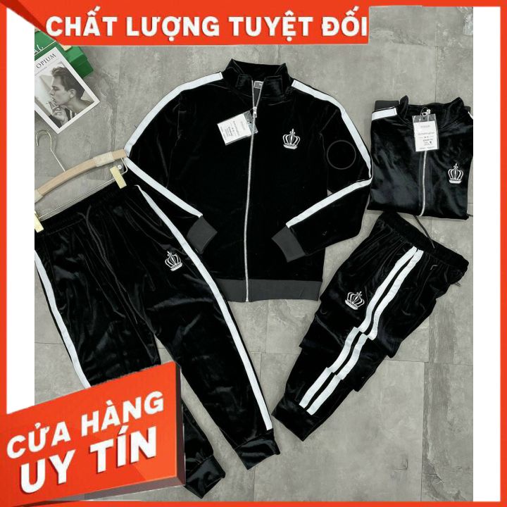 Bộ Nỉ Nhung Thu Đông , Chất Nhung Logo thêu Vương Miện Ống Quần Bo Hot 2021