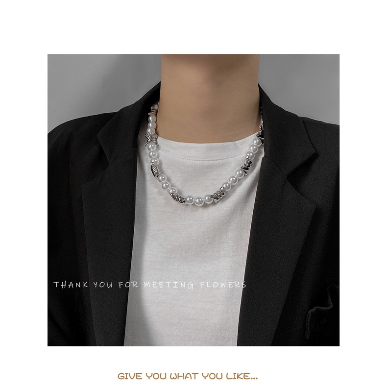 Vòng cổ đính hạt ngọc trai nhân tạo phong cách hip hop dành cho nam và nữ