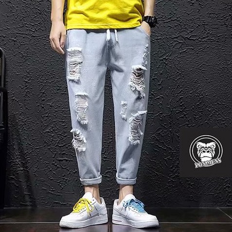 Quần jean baggy rách gối lưng chun tả tơi trông bụi unisex nam nữ 2021 Pon.mens | WebRaoVat - webraovat.net.vn