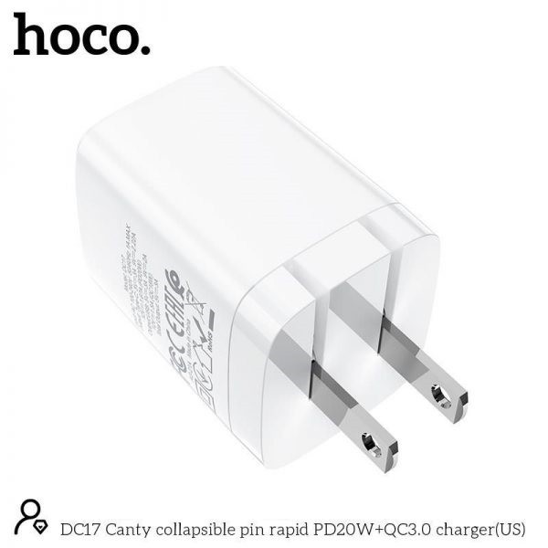 Cốc sạc 2 cổng chân dẹt gấp Hoco DC17 hỗ trợ USB QC 3.0 và TypeC PD 20W (Trắng) - Nhất Tín Computer