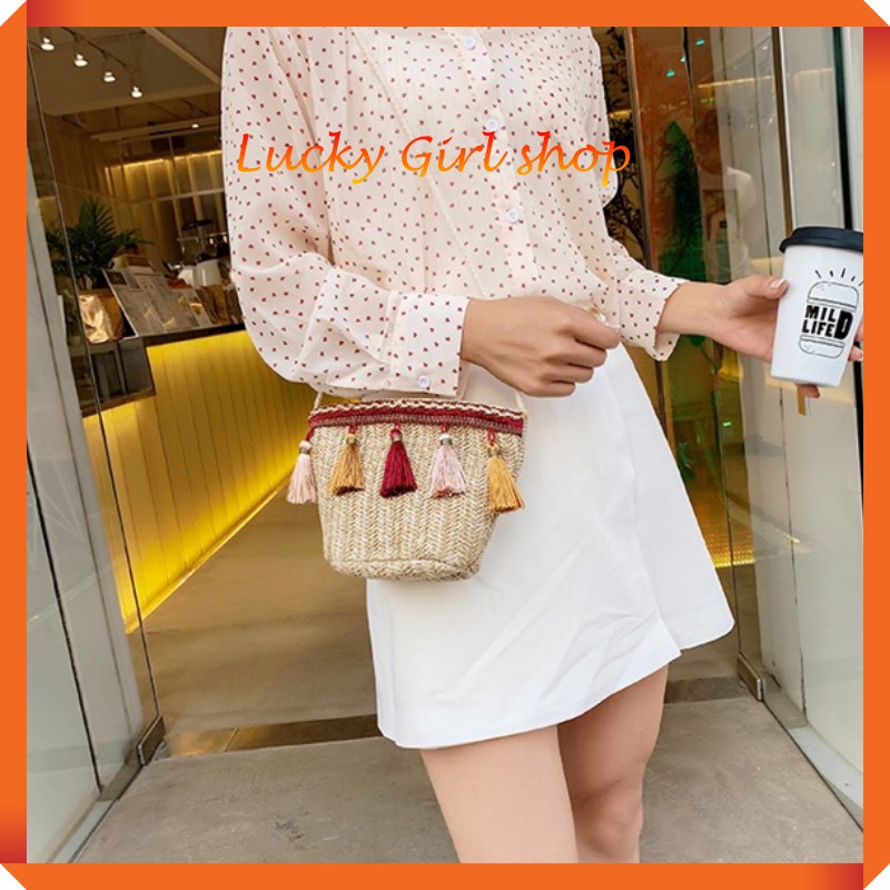 Túi Cói Đeo Chéo Bánh Ú Gắn Tua Rua Dây Đeo Vải Dù Xinh Xắn - HÀNG HANDMADE - Lucky Girl shop