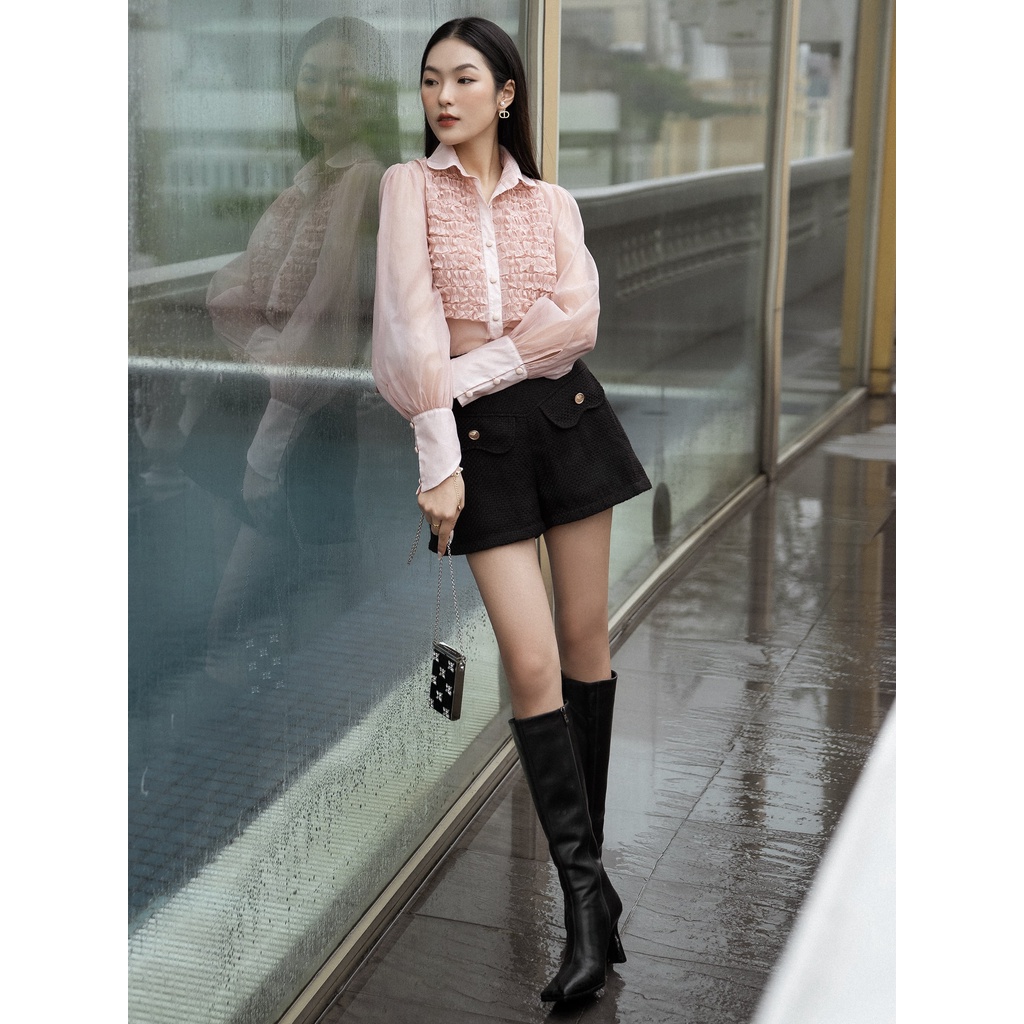 RECHIC Áo kiểu Azura cổ sơ mi kiểu nhún bèo tay dài phồng nhẹ xinh xắn trẻ trung thanh lịch đi làm đi chơi