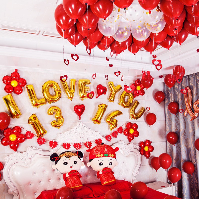 [Bóng Đỏ Mận + tặng 100 cánh hoa hồng] Set Bóng Trang Trí Phòng Cưới Tông Đỏ Nhiều Mẫu