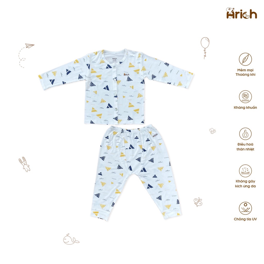 Bộ dài tay cài thẳng 2022 chất liệu vải sợi tre Arich cho bé trai bé gái sơ sinh đến 18 tháng