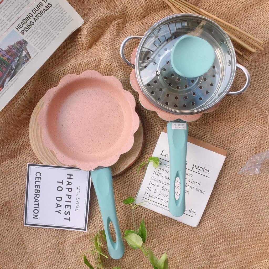 Bộ chảo nồi kèm xửng hấp kích thước 16cm nấu đồ ăn dặm chống dính cao cấp hình hoa sử dụng được bếp từ