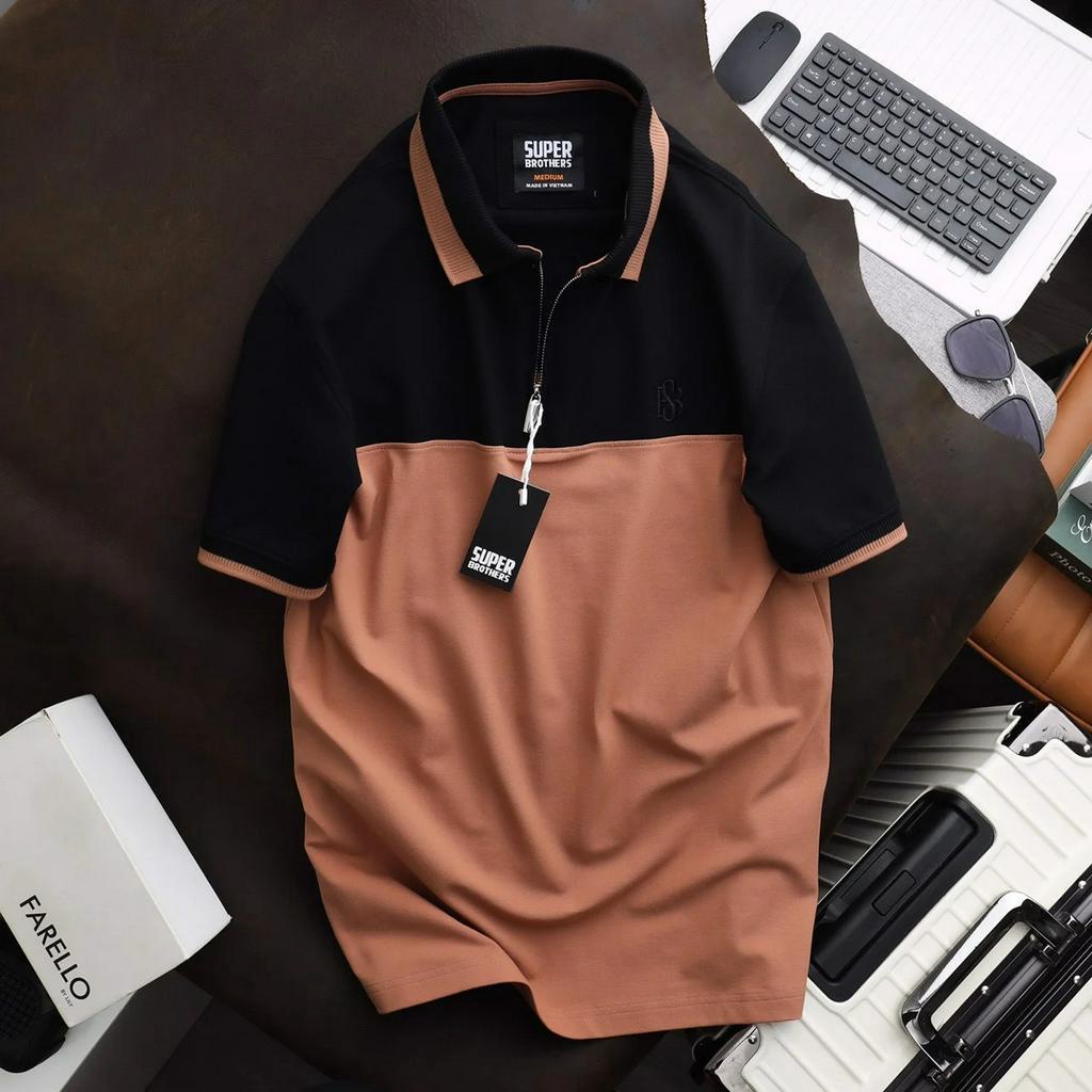 Áo polo nam phối thân với khóa zip trẻ trung , chất vải cá sấu cotton 4 chiều cao cấp , form slim fit trẻ trung