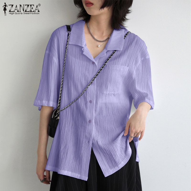 Áo sơ mi ZANZEA cổ bẻ ngắn tay có túi trước thời trang cho nữ
