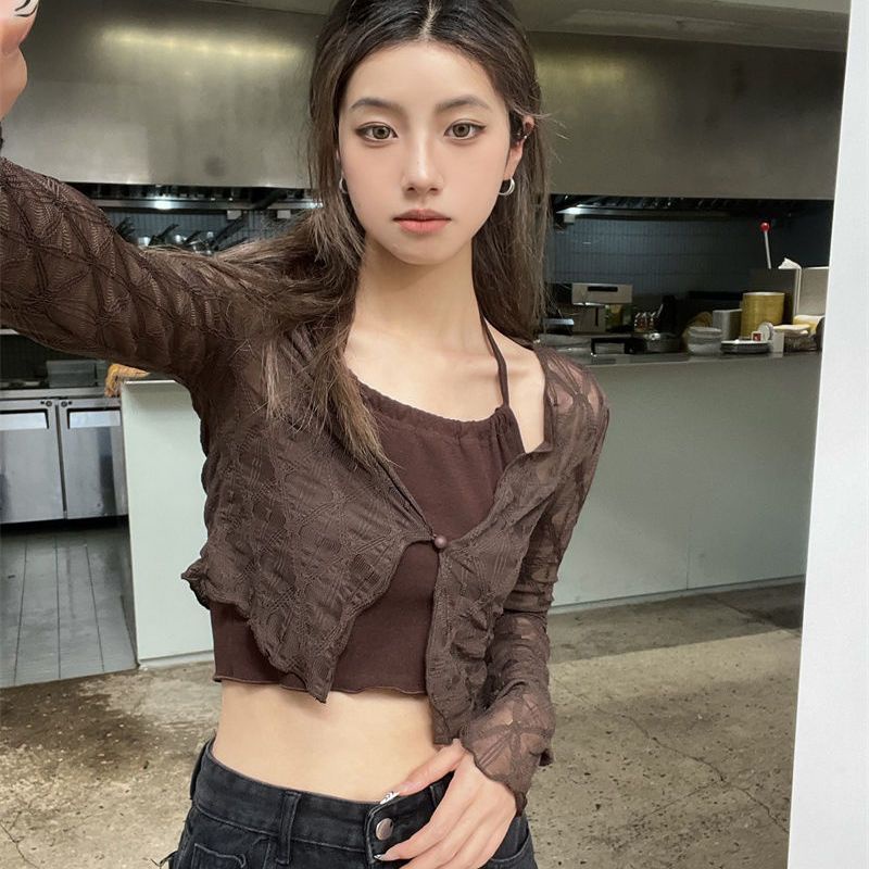 Set Đồ Hai Mảnh Áo Tay Dài Chống Nắng Hai Dây Và Quần Ngắn Phong Cách Đường Phố Mùa Hè Cho Nữ