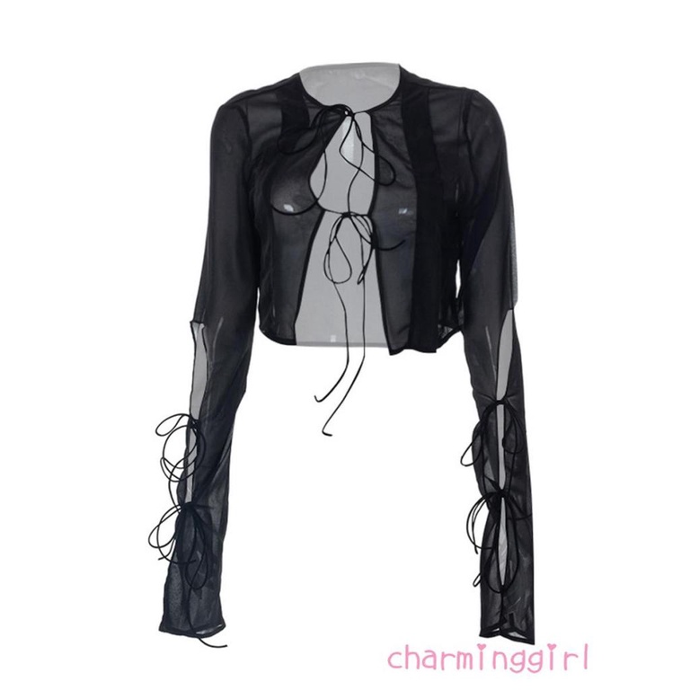 Chm-áo Crop Top Tay Dài Cổ Tròn Xuyên Thấu Màu Trơn Phối Dây Buộc Cho Nữ
