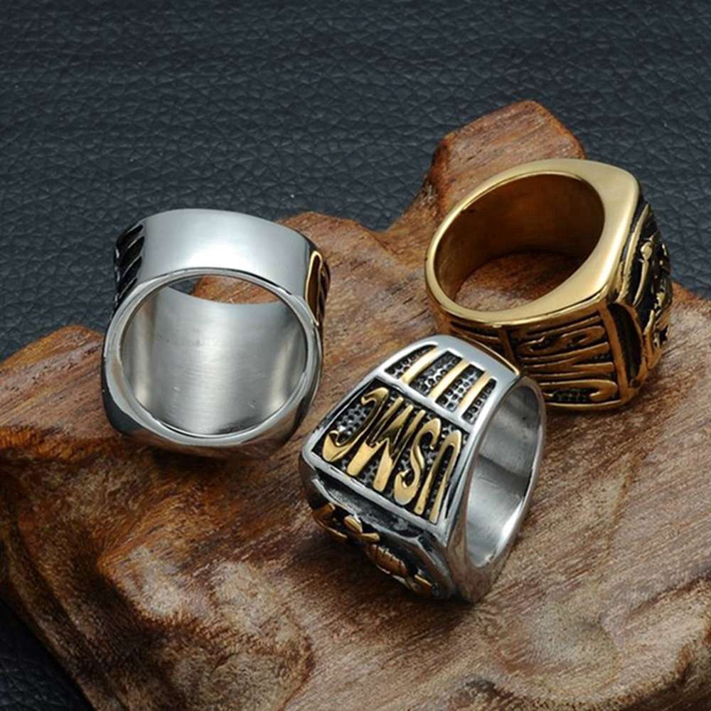 Marine Corps Anchor Gold Ring Men Badge Ring Stone Jewelry