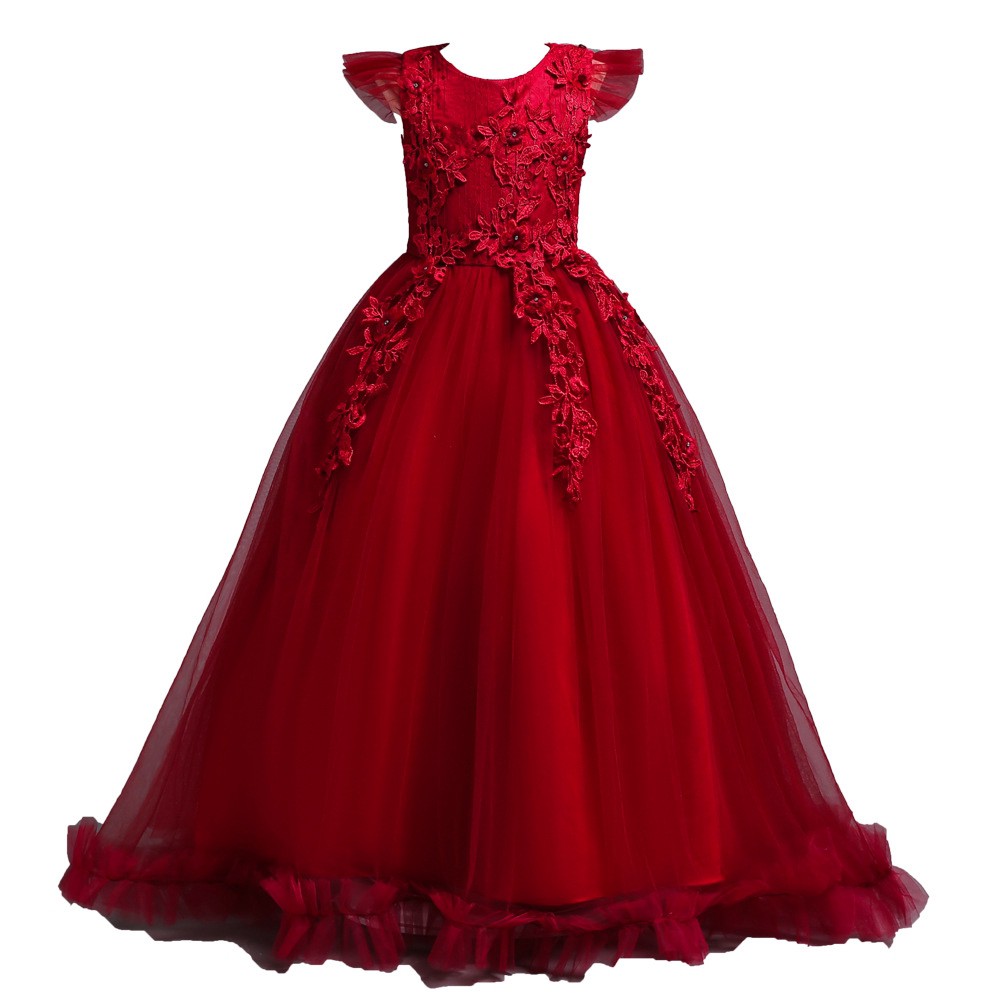 Lace Girl Lace Bow Kids Princess Wedding Birthday Long Tulle Princess Gown Dress