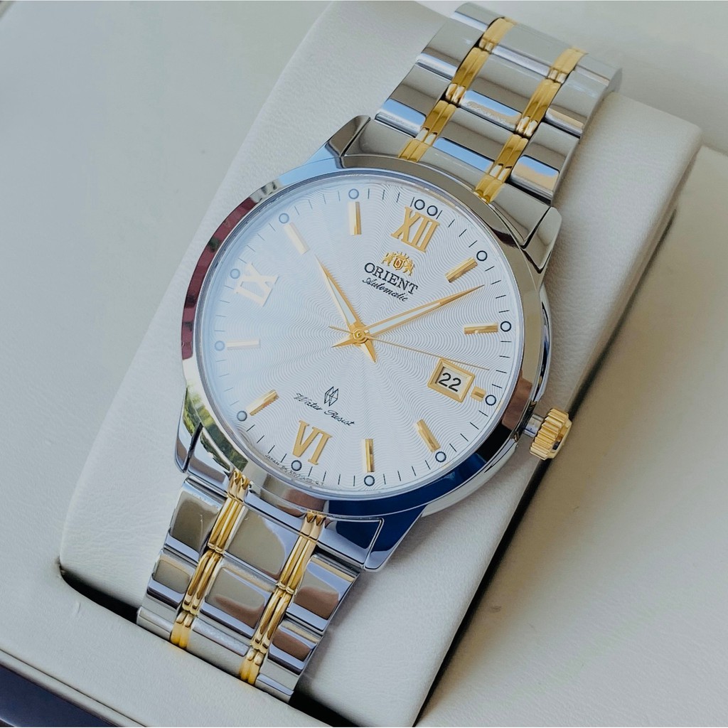 Đồng hồ Nam chính hãng Orient Automatic Mặt trắng,Lịch ngày-Máy cơ tự động-Dây kim loại Demi vàng cao cấp-Size 40mm