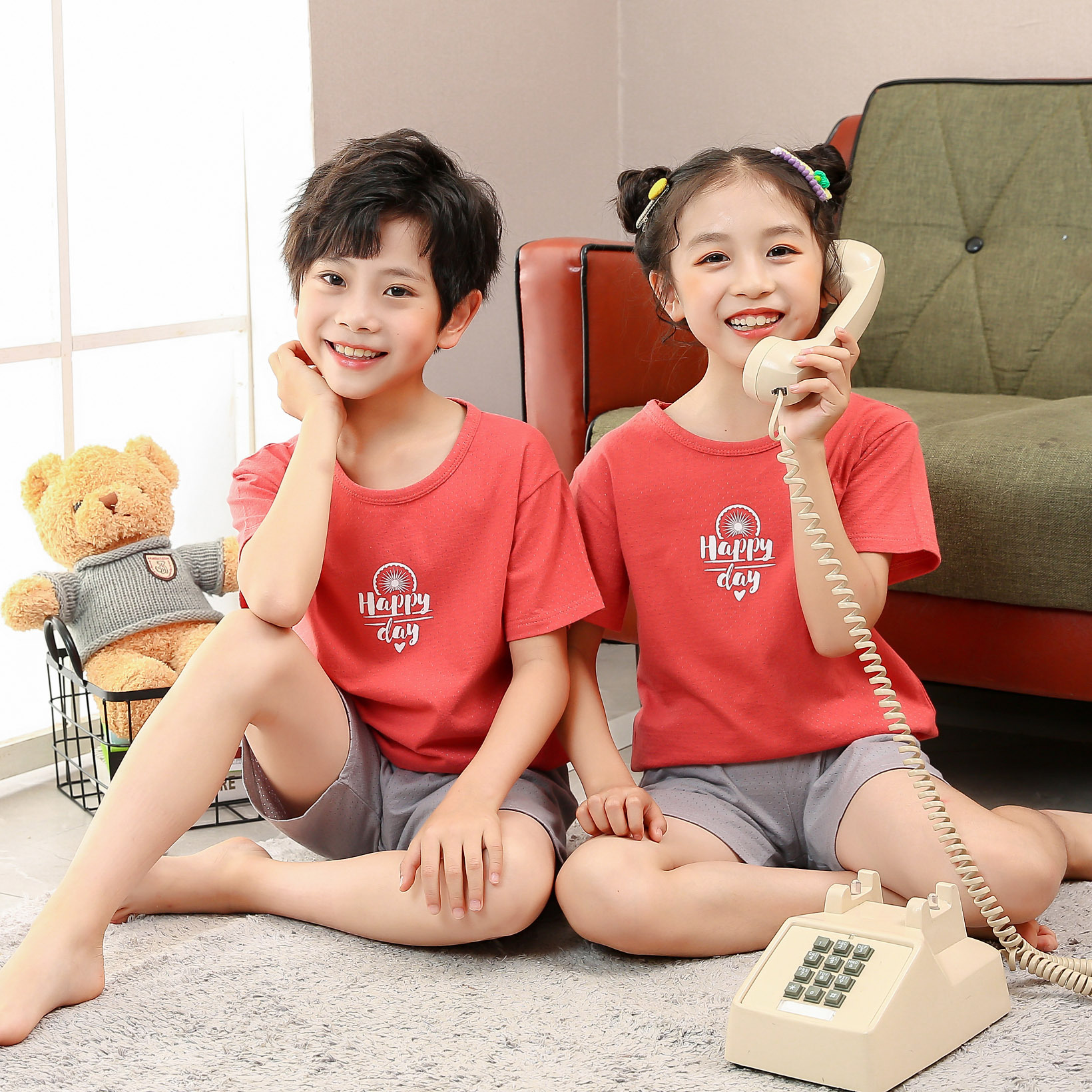 Bộ Đồ Ngủ 100% Cotton Gồm Áo Thun Tay Ngắn In Hình Voi giraffe 15-45 Kg + Quần Cho Bé Trai