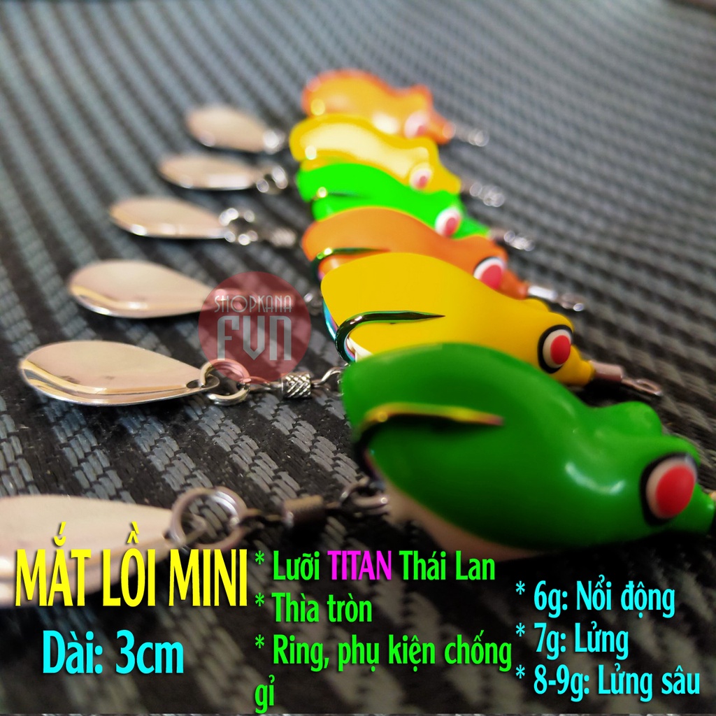 Mồi câu Lure nhái hơi Mắt Lồi Mini, dài 3cm, trị bú bình, ring phụ kiện chống gỉ