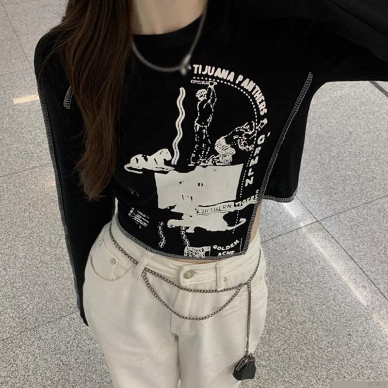 Áo thun lửng tay dài in hình cá tính cho nữ