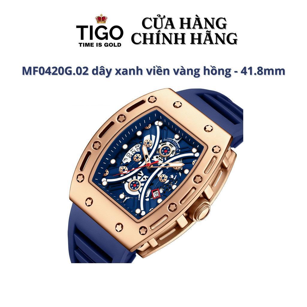 Đồng Hồ Nam MINI FOCUS MF0420G.02 Dây Silicone Xanh Viền Vàng Thép Không Gỉ Cao Cấp Mặt Vuông Lộ Máy 42mm Chống Nước