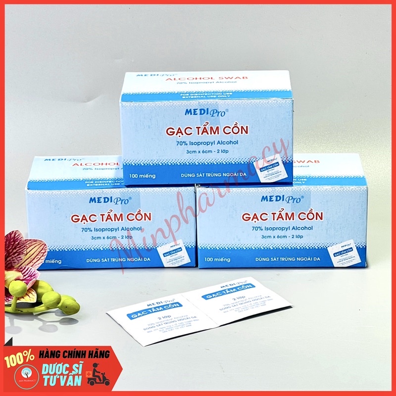 Gạc tẩm cồn MEDI pro 2 lớp Sát trùng da Alcohol swab 3x6cm (hộp 100 miếng)