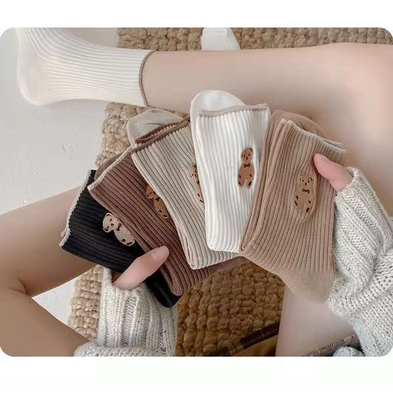 Tất nữ cổ cao Mivino vải cotton in hình chú gấu hoạt hình phong cách Hàn Quốc TN134