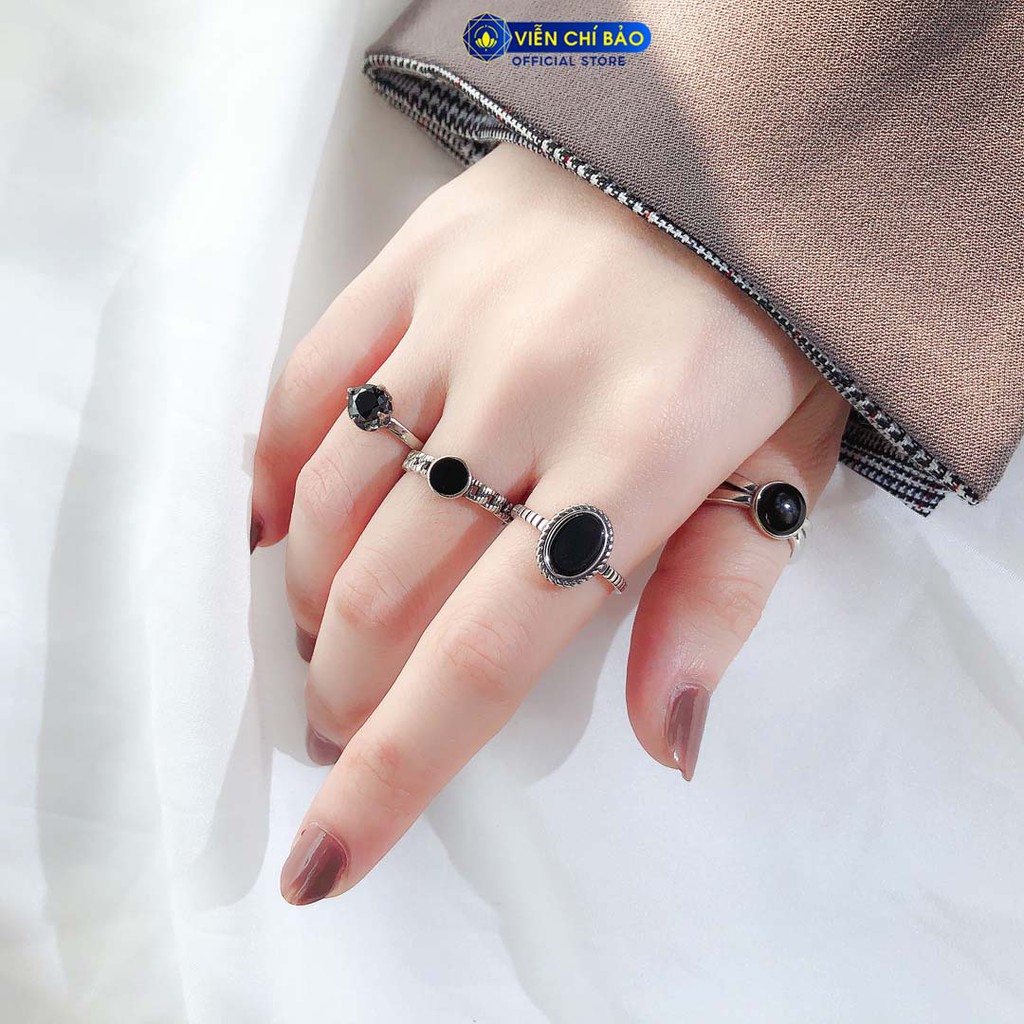 Nhẫn bạc nữ đính đá đen thái s925 thời trang phụ kiện trang sức nữ thương hiệu Viễn Chí Bảo N000247