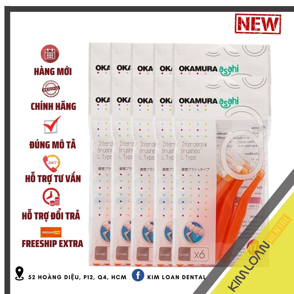 𝗣𝗧 🅲🅰🆁🅴 | Sỉ 10 gói Bàn Chải Kẽ Răng dạng L nhiều size Okamura Asahi chất lượng Nhật Bản