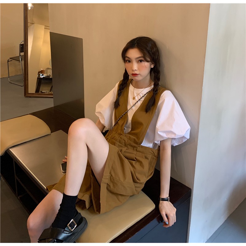 Áo tay phồng / jumpsuit màu trơn phong cách cổ điển dễ phối đồ Xiaozhainv | BigBuy360 - bigbuy360.vn