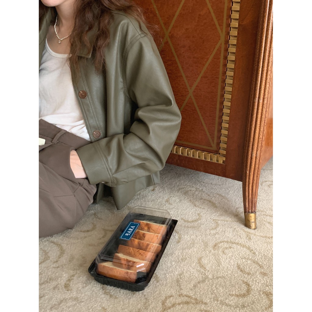 Áo khoác da Sober cổ bẻ cài nút xanh rêu