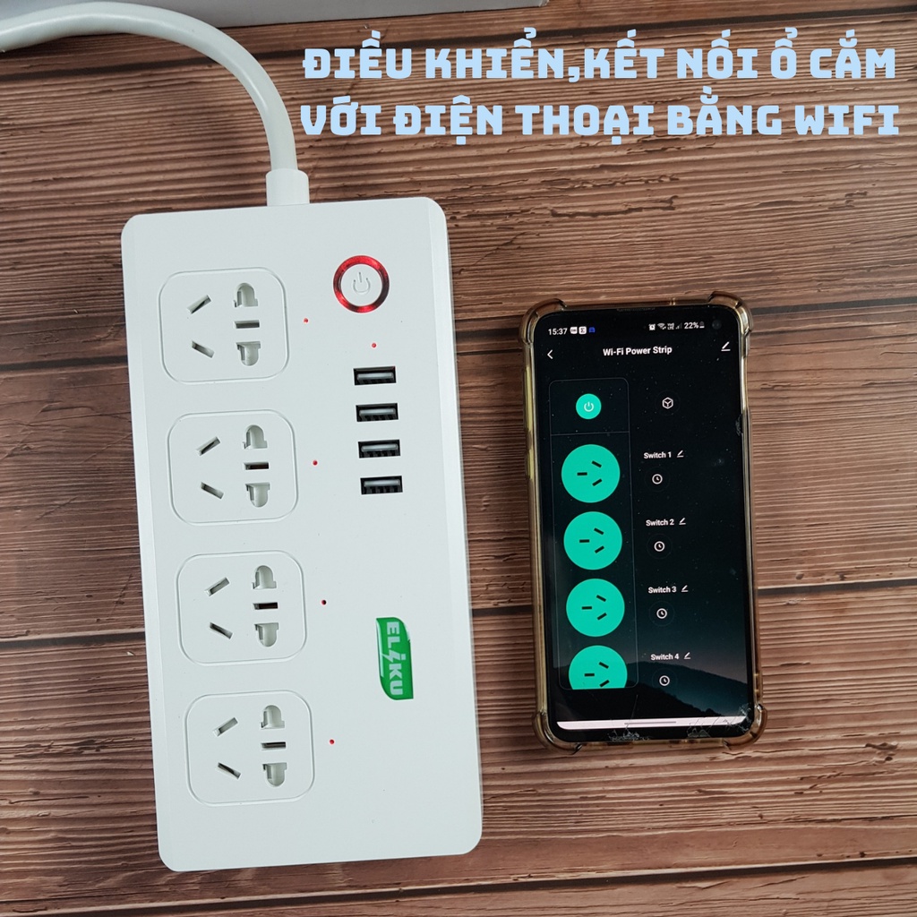 Ổ điện wifi Tuya 4 ổ cắm và USB điều khiển từ xa công suất cao bảo vệ chống cháy Eliku