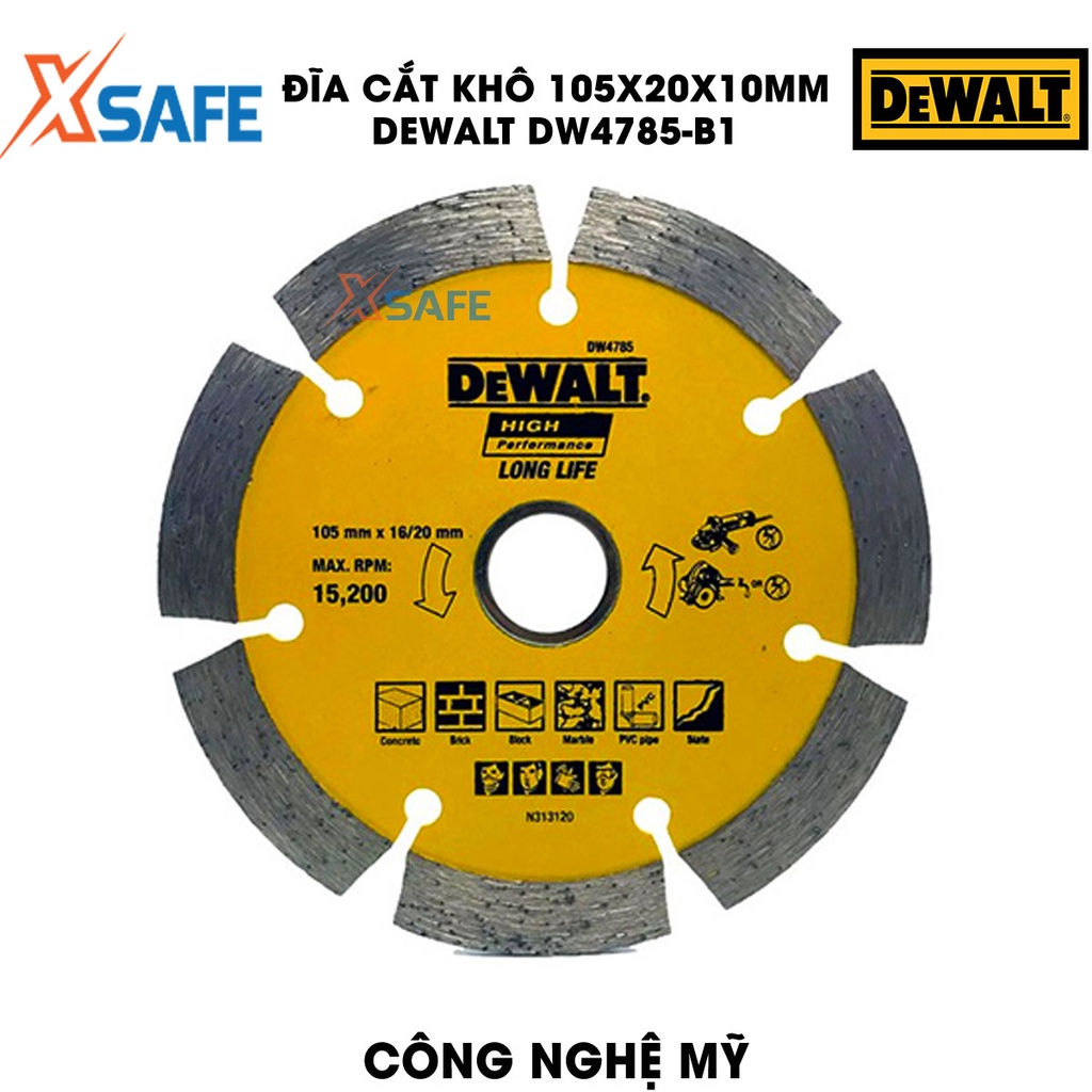 Đĩa cắt khô DEWALT DW4785-B1 105x20x10mm công nghệ Mỹ Lưỡi cắt DeWalt đường kính lưỡi cắt 105mm, dùng cắt gạch khô