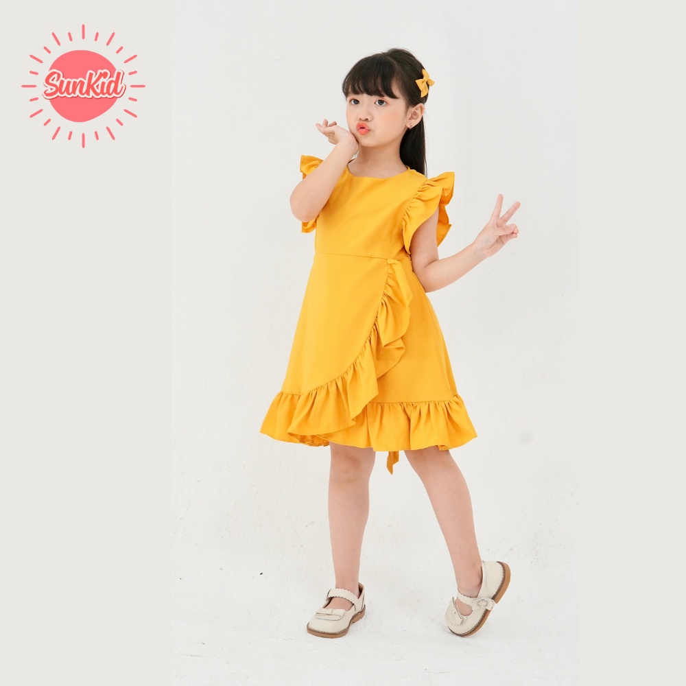 Váy đầm bé gái Sunkid SN4 màu vàng tay áo cánh tiên dịu dàng vải trượt nhật cao cấp size trẻ em 4-12 tuổi