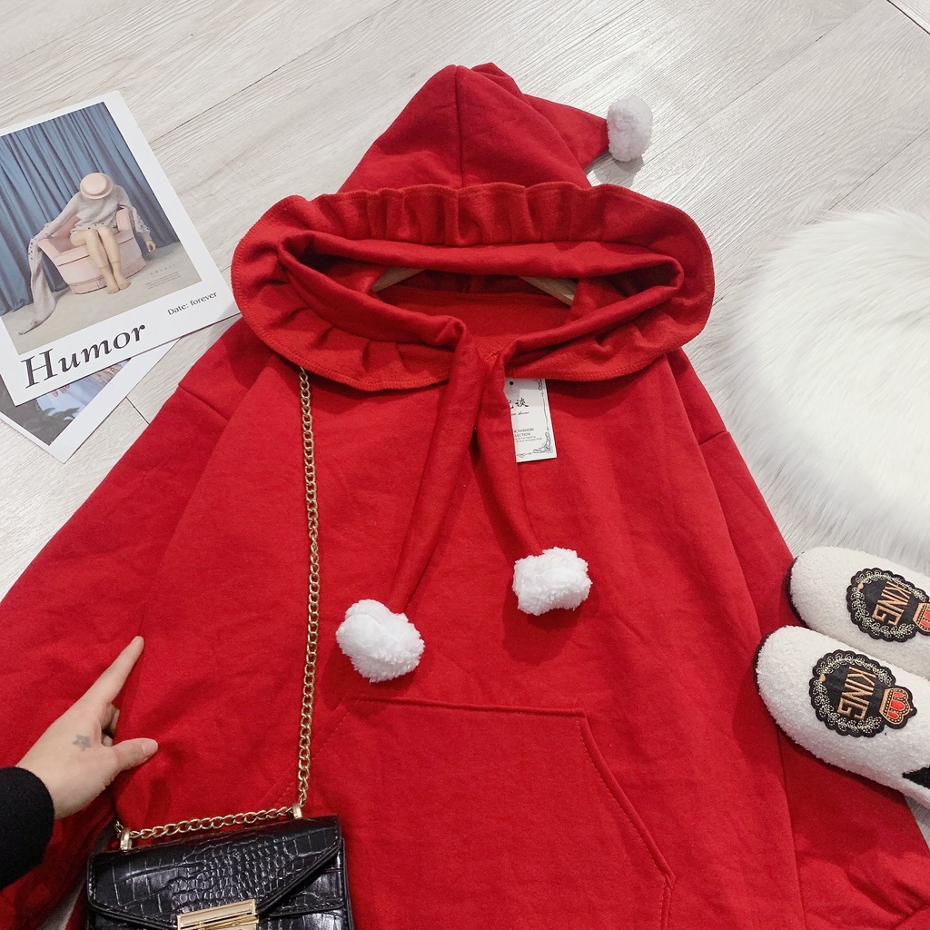 Áo Hoodie Noel Đỏ Mũ Phù Thuỷ 🦋 Áo Thun Trơn Dài Tay Mũ Viền Bèo 🦋 | BigBuy360 - bigbuy360.vn