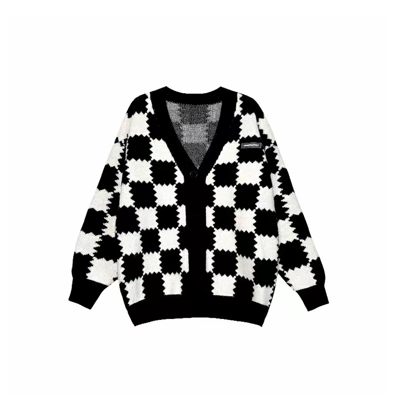 Áo cardigan len nữ họa tiết ô vuông bàn cờ ziczac Quảng châu dày dặn khoác ngoài form rộng màu xanh lá đen Kozoda AC47