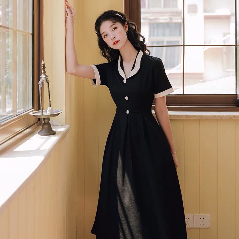 Đầm Tiểu thư vintage Màu Trơn Phong Cách Hàn Quốc Thời Trang Cho Nữ